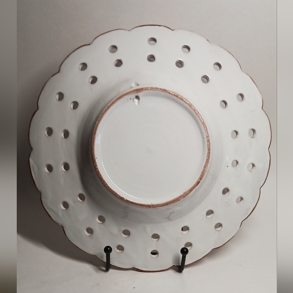 Portugal Pierced Rim White Pink Flowers 9.5" Pedestal Bowl handpainted - Picture 2 of 4